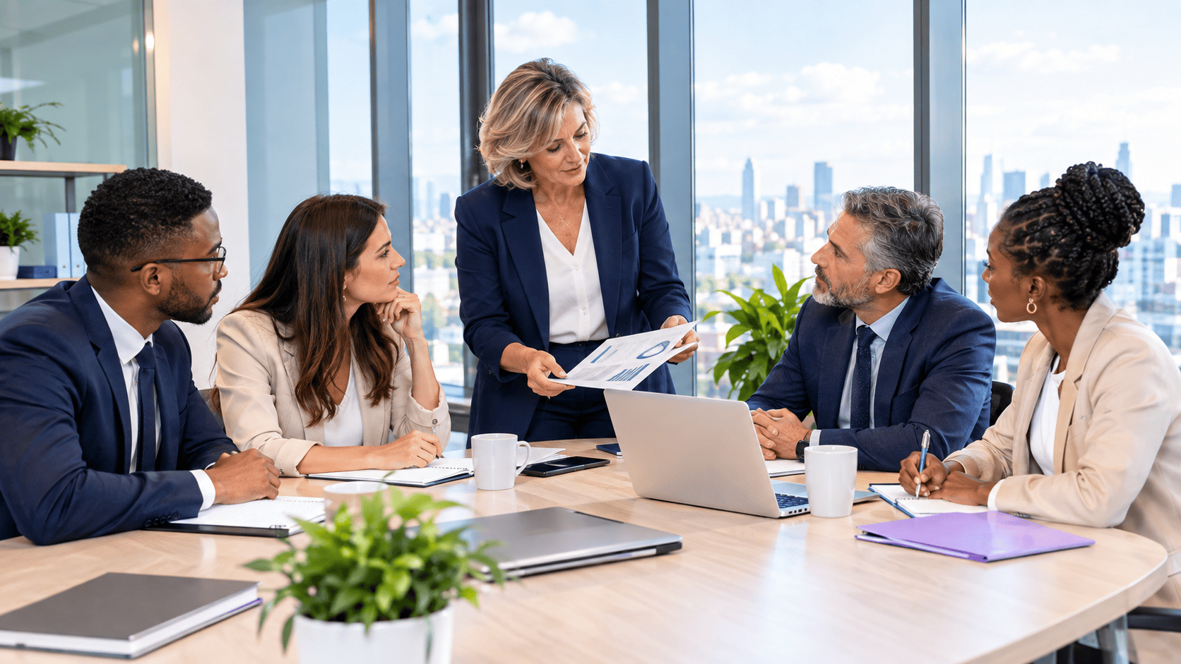 Des dirigeants échangent autour d'une table de conseil lumineuse