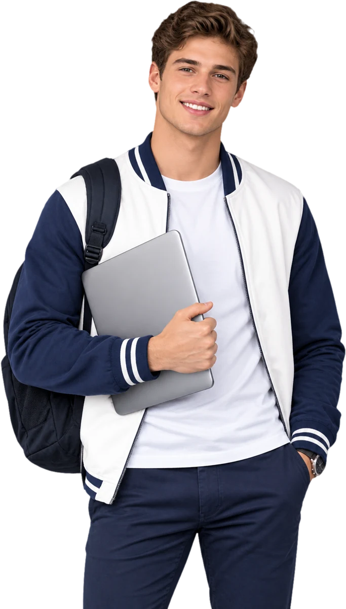 Un étudiant souriant, ordinateur sous le bras
