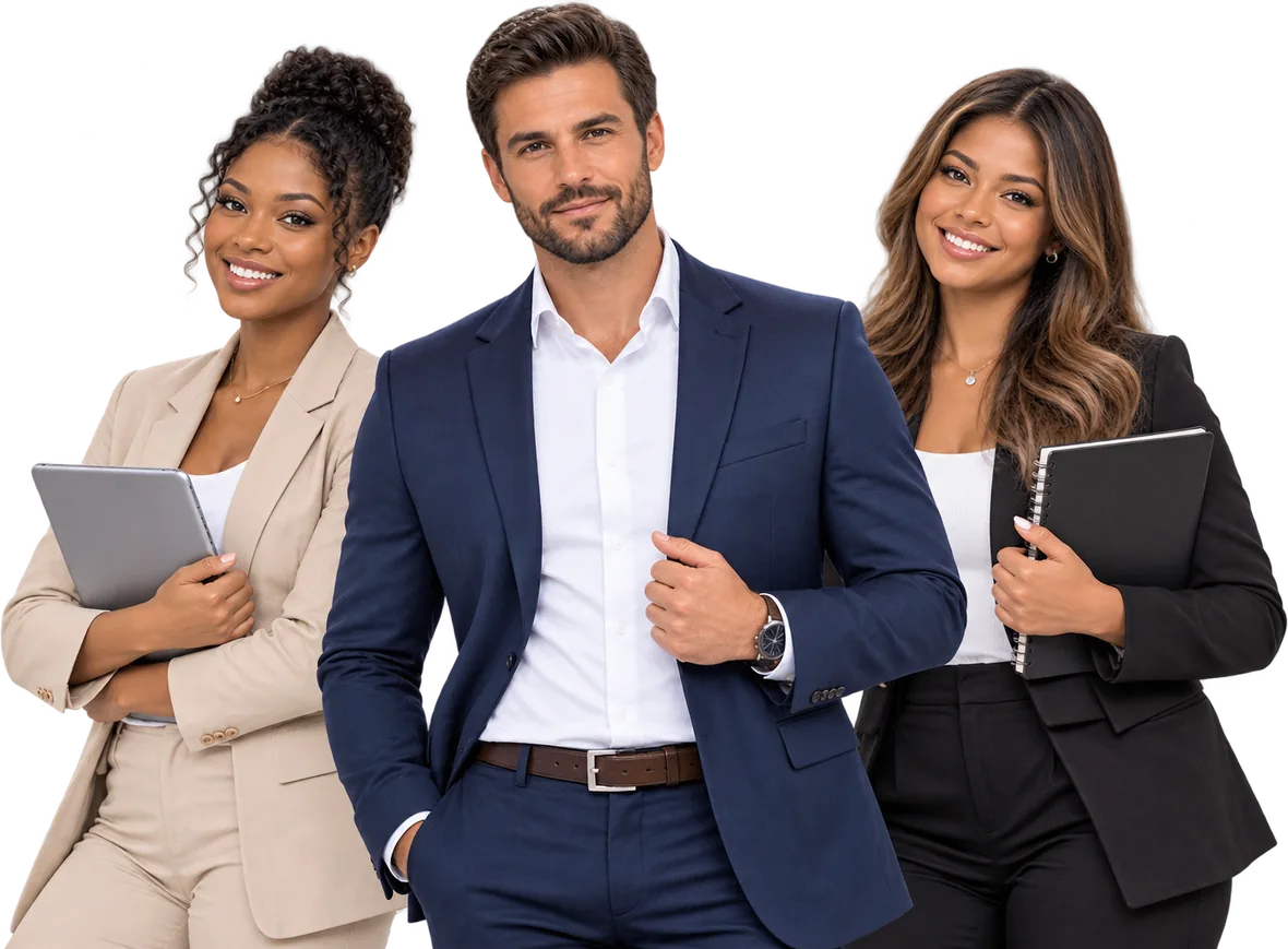 Trois professionnels souriants : une membre d'Estudech, un expert de SICARE et une entrepreneure de FactoryD